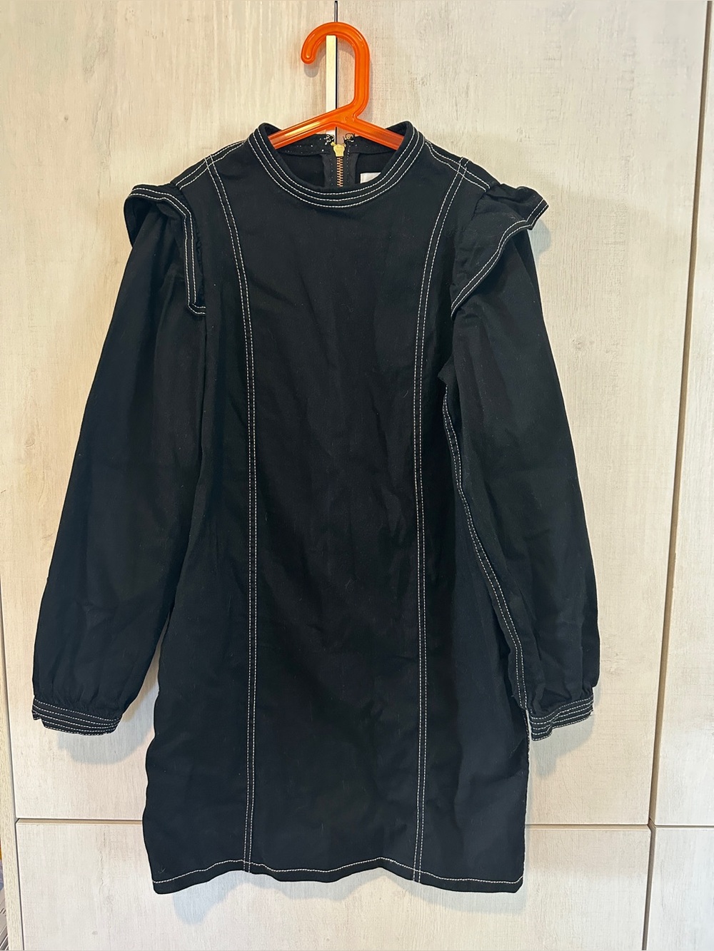 Black Denim Shift Dress with White Contrast Stitching, Ruffle Sleeves